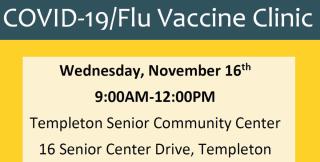 An image of the flyer stating that the vaccine clinic is being held at 16 Senior Drive on 11/16.
