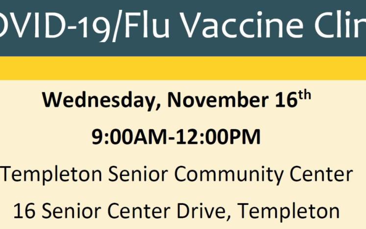 An image of the flyer stating that the vaccine clinic is being held at 16 Senior Drive on 11/16.