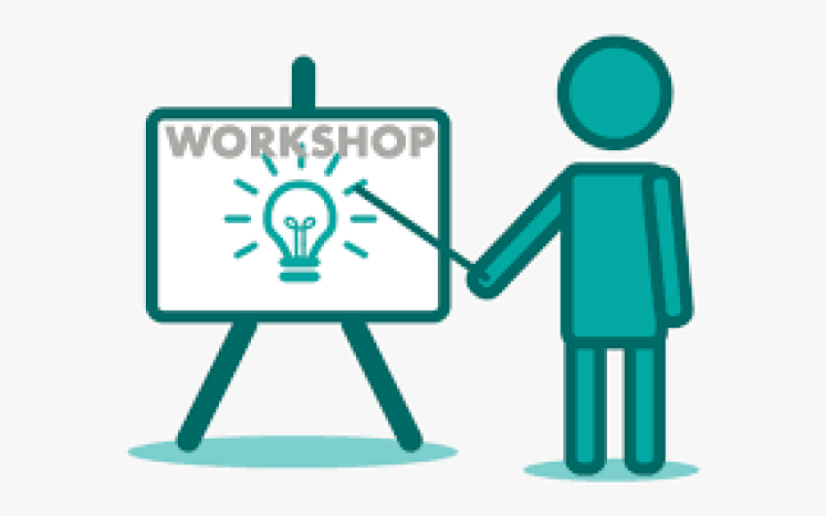 A depiction of a person pointing a board with the word "Workshop" on it.